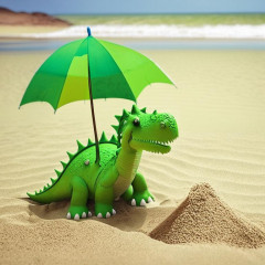 зеленый динозавр на пляже, песок, море, жара, пляжный зонтик, игрушки_Kandinsky 2.1.jpg