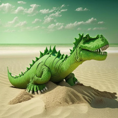 зеленый динозавр на пляже, песок, море, жара_Kandinsky 2.1.jpg